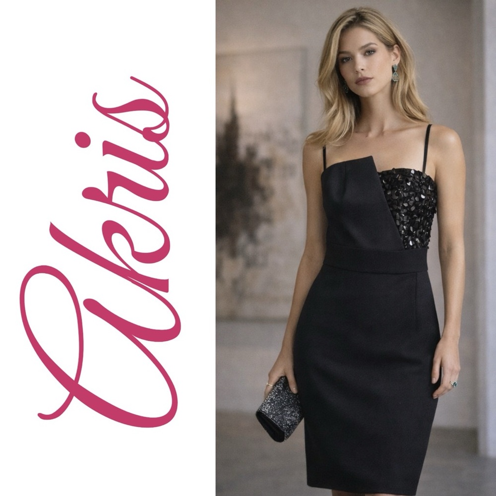 AKRIS Asymmetric Black Wool‎ Sheath Dress Beaded Bustier Corset Bodice | Size 8